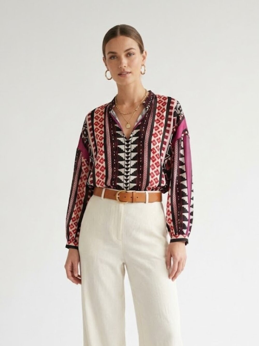 Marie Oliver 100% Silk Oversized Boho Blouse XS Geometric Print Lightweight - Picture 1 of 5